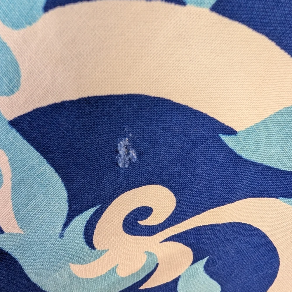 Vintage Tablecloth Mid-Century Modern Blue White fringe bottom 70 inches round
